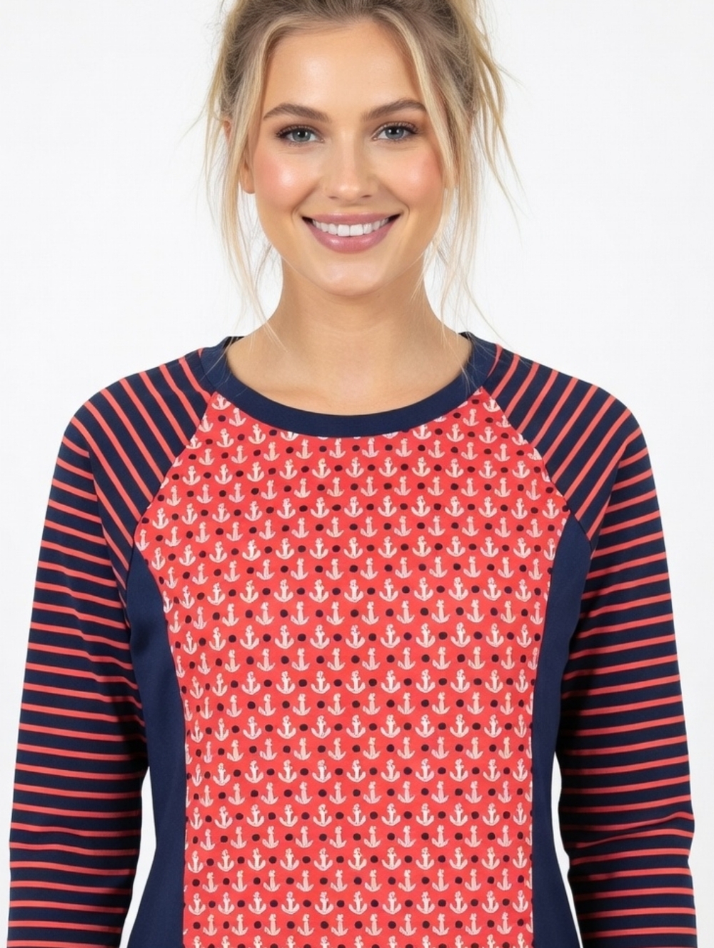 Sperry Coral Anchor Print Spf Raglan Tee with Navy Stripes ( SIZE:med)